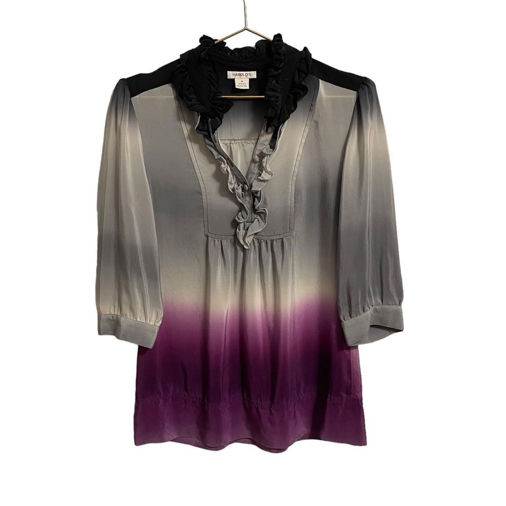 Harold's Ombre Ruffle Silk Grey Purple Blouse Size MED